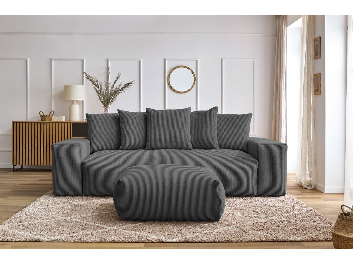 Bobochic Voltaire Schlafsofa 4-Sitzer mit Bettkasten und Pouf Cordsamt Dunkelgrau