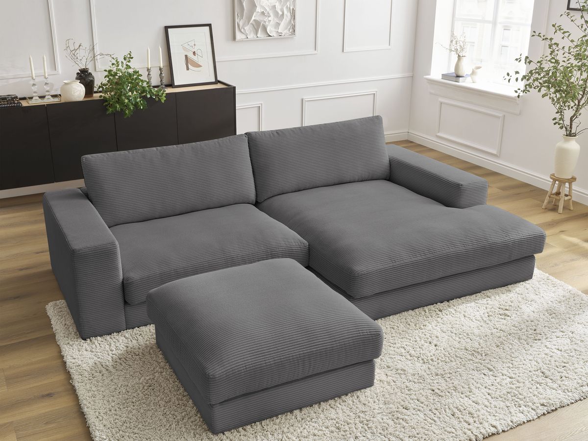 Bobochic Leonard Ecksofa mit Pouf 274 × 159 cm Cordsamt Dunkelgrau Ecke rechts