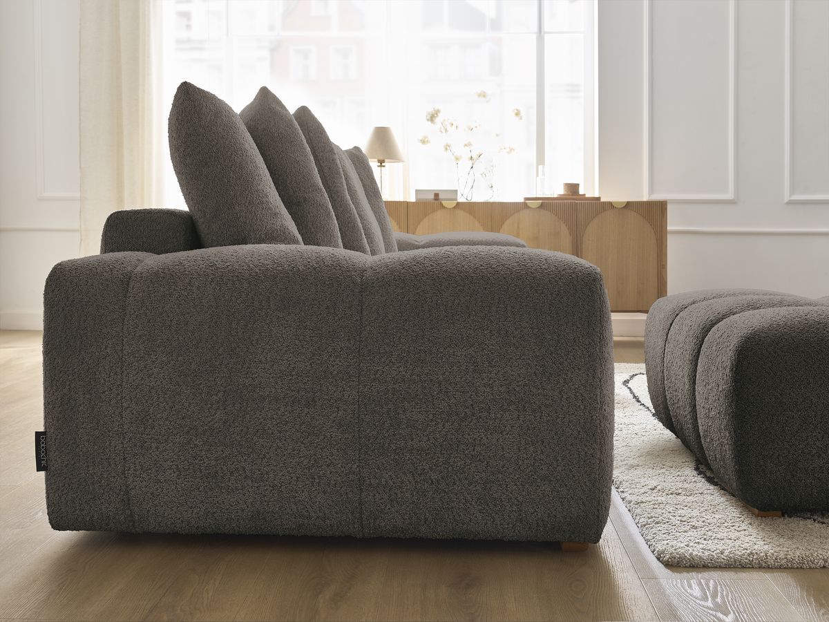 Bobochic Anakin Sofa 3-Sitzer mit Pouf, 6 Kissen Bouclé-Stoff Braun