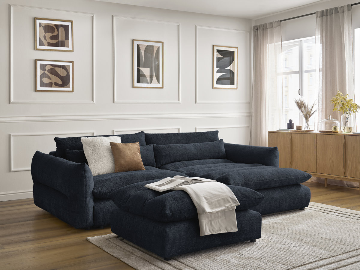 Bobochic Neil Ecksofa mit Pouf Strukturstoff Dunkelblau Ecke rechts