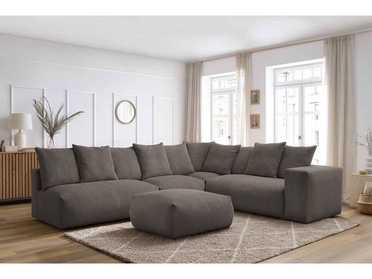 Bobochic Voltaire Ecksofa mit Pouf 322 × 268 cm Cordsamt Taupe Ecke rechts