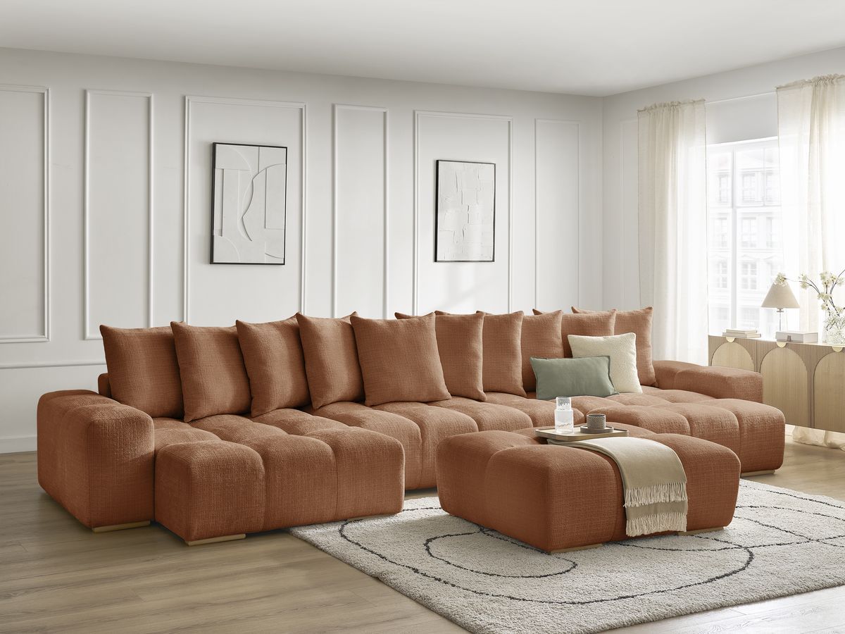 Bobochic Anakin Wohnlandschaft mit Pouf, Liegefläche 137 × 382 cm, 10 Kissen Strukturstoff Orange