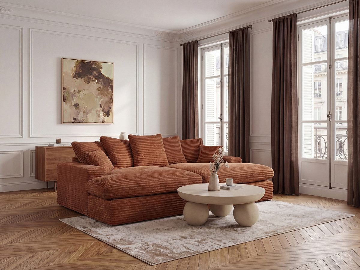 Bobochic Nevada Sofa 3-Sitzer 226 × 150 cm Breitcord weich Orange