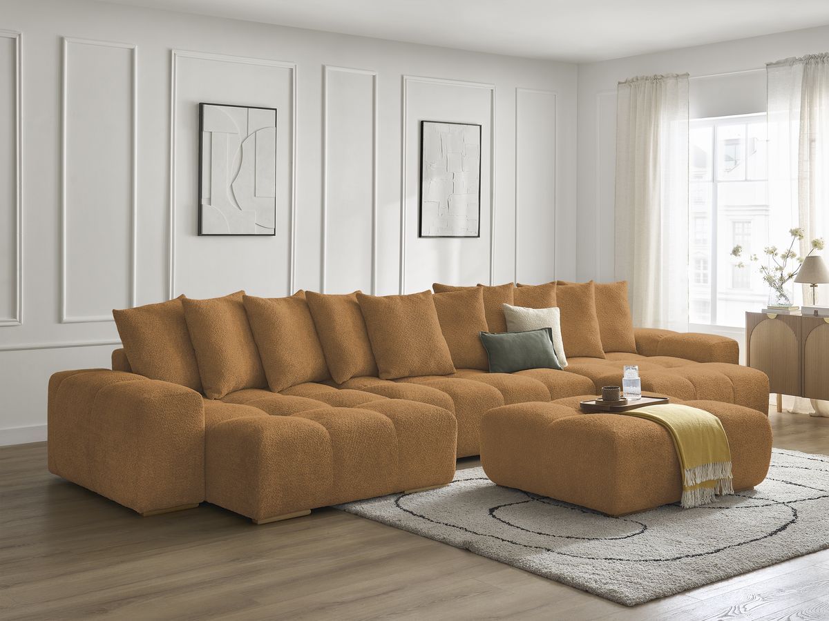 Bobochic Anakin Wohnlandschaft mit Pouf, Liegefläche 137 × 382 cm, 10 Kissen Bouclé-Stoff Gelb