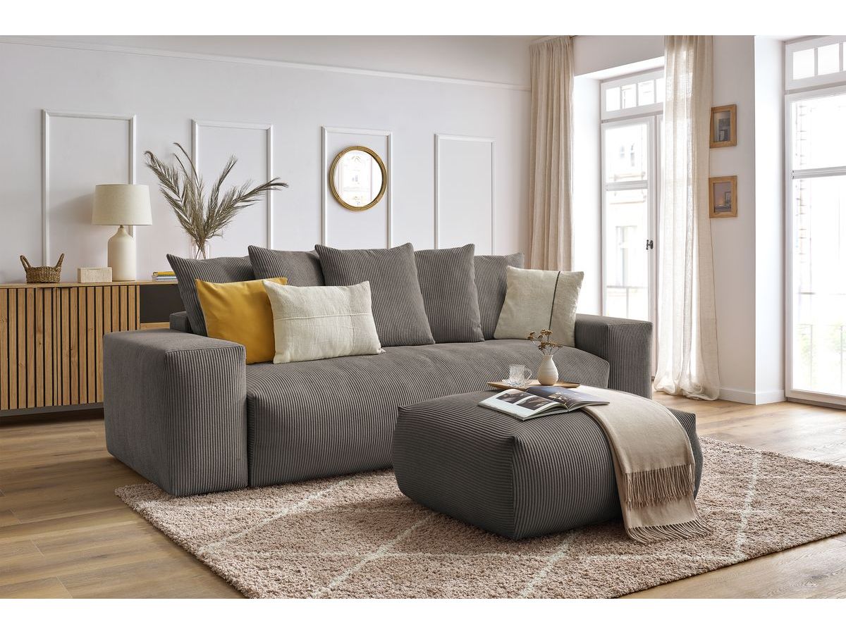 Bobochic Voltaire Schlafsofa 4-Sitzer mit Bettkasten und Pouf Cordsamt Taupe