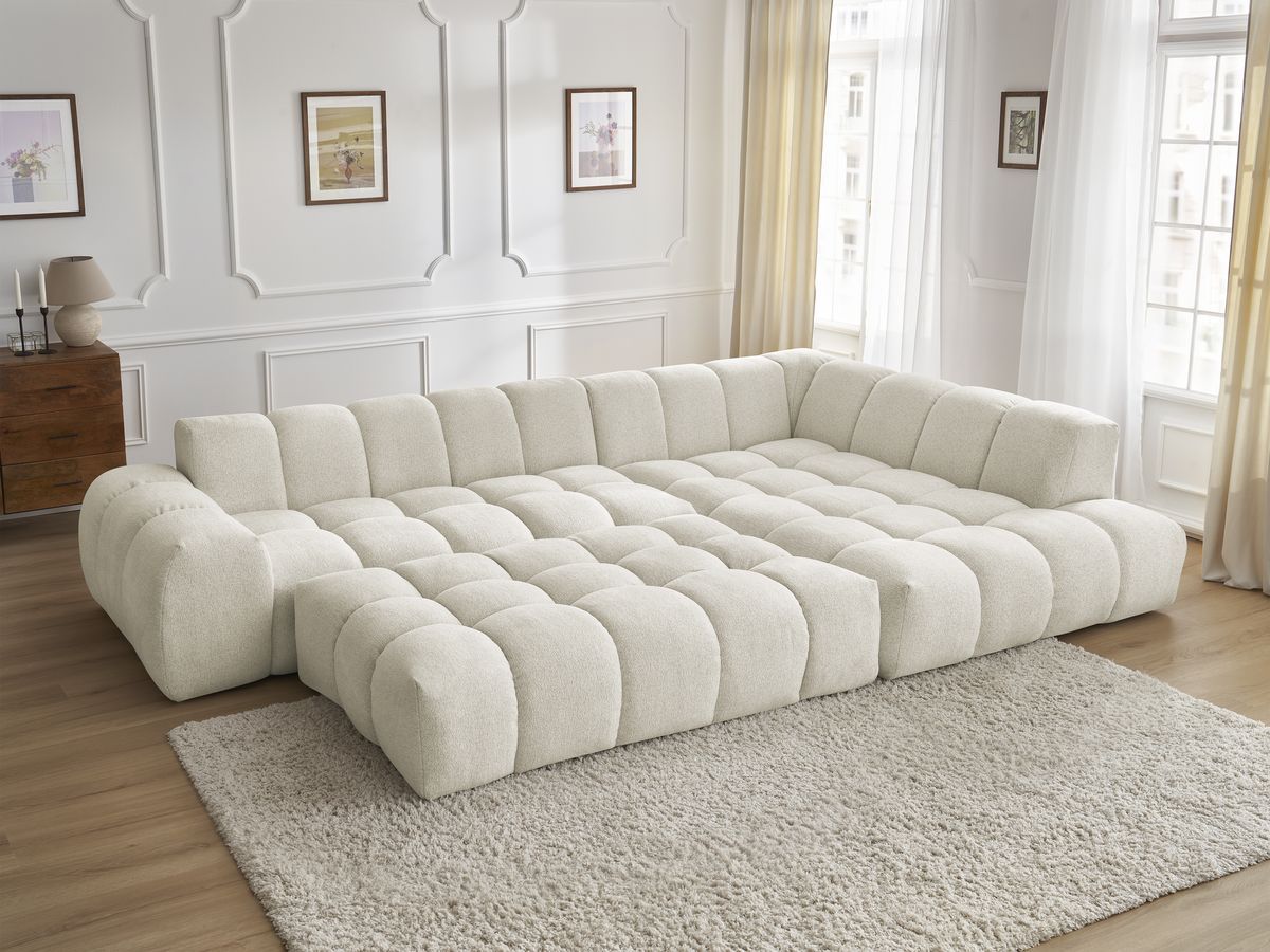 Bobochic Everest Ecksofa mit Schlaffunktion und Pouf, 4 Kissen Melange-Stoff Weiß Ecke rechts