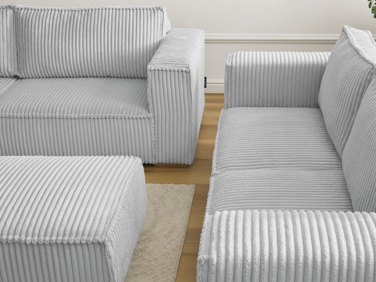 Bobochic Chelsea Sofa 6-Sitzer mit Pouf Breitcord weich Hellgrau
