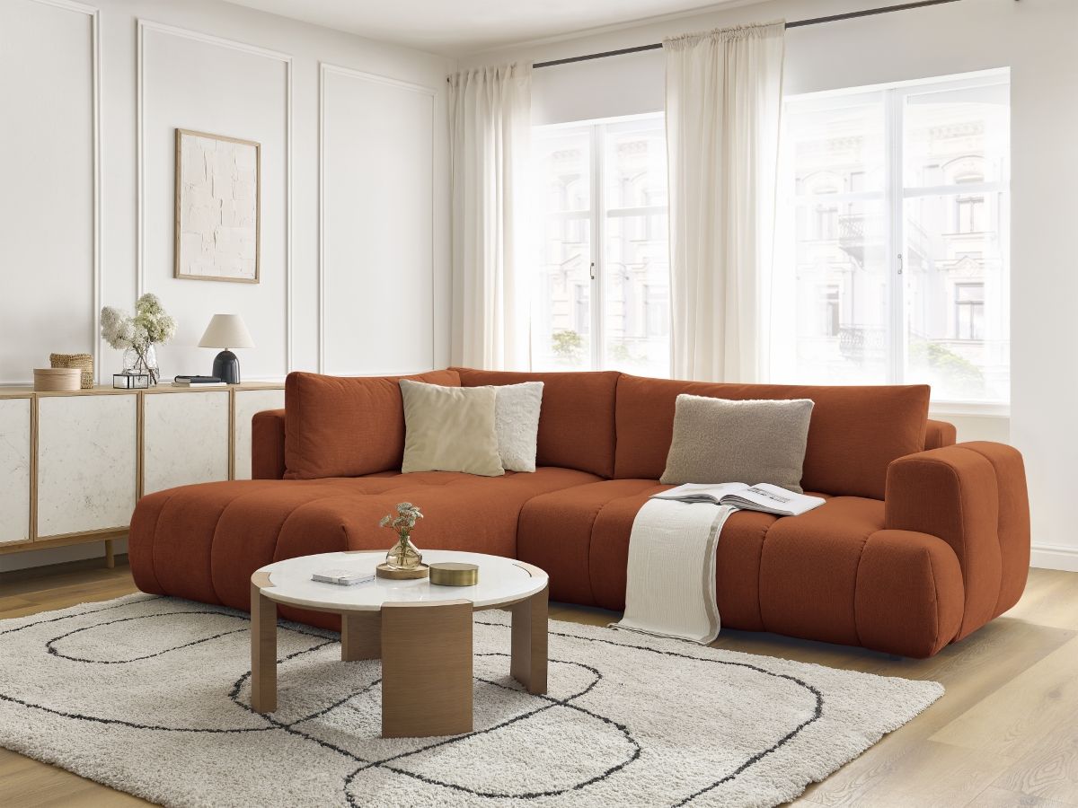 Bobochic Fuji Ecksofa mit Schlaffunktion und Bettkasten 282 × 204 cm Stoff Orange Ecke links