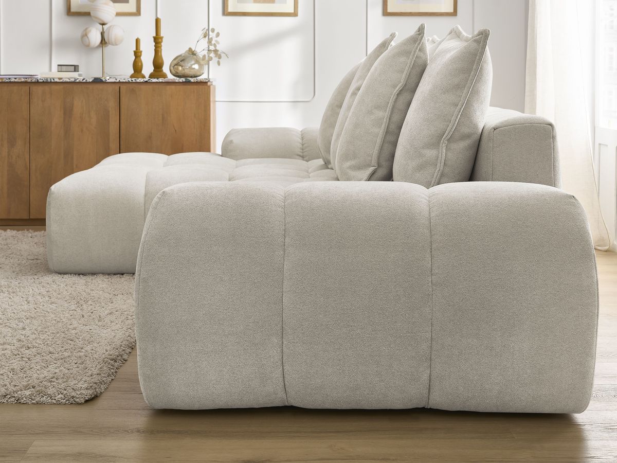 Bobochic Everest Ecksofa mit Schlaffunktion und Bettkasten 318 × 180 cm, 7 Kissen Strukturstoff Beige Ecke links