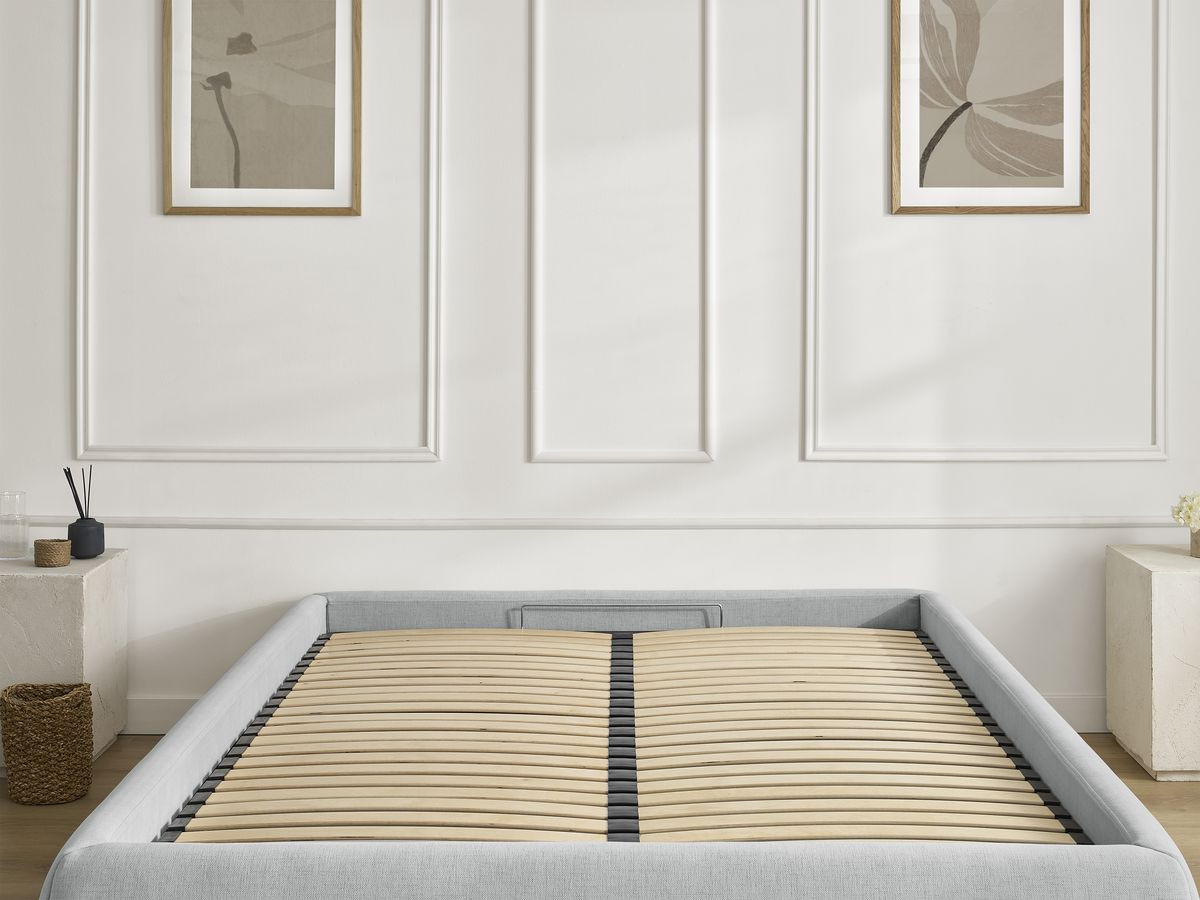 Bobochic Inera Bettgestell mit Bettkasten, ohne Kopfteil Stoff Hellgrau, Liegefläche 160 × 200 cm