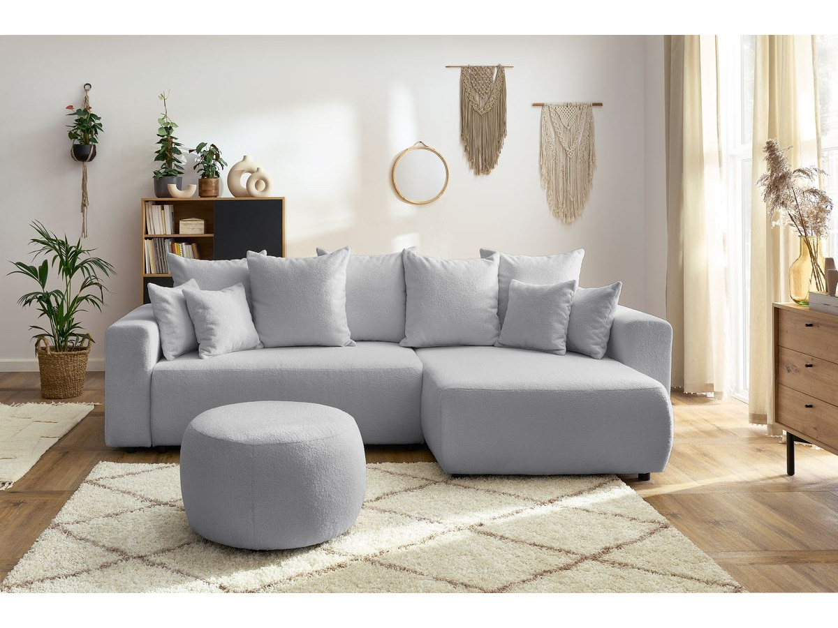 Bobochic Envy Ecksofa mit Schlaffunktion und Bettkasten und rundem Pouf Bouclé-Stoff Hellgrau