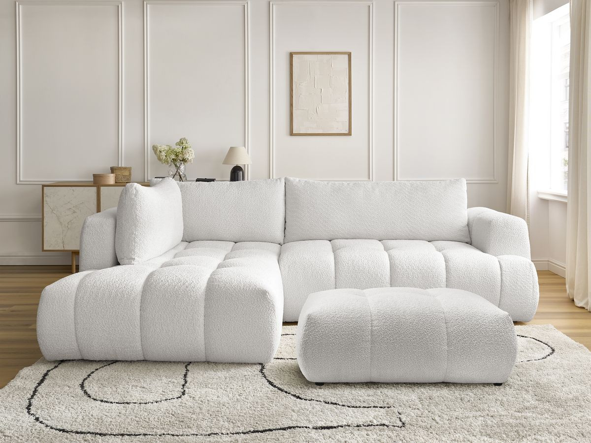 Bobochic Fuji Ecksofa mit Schlaffunktion und Bettkasten und Pouf 282 × 204 cm Bouclé-Stoff Weiß Ecke links
