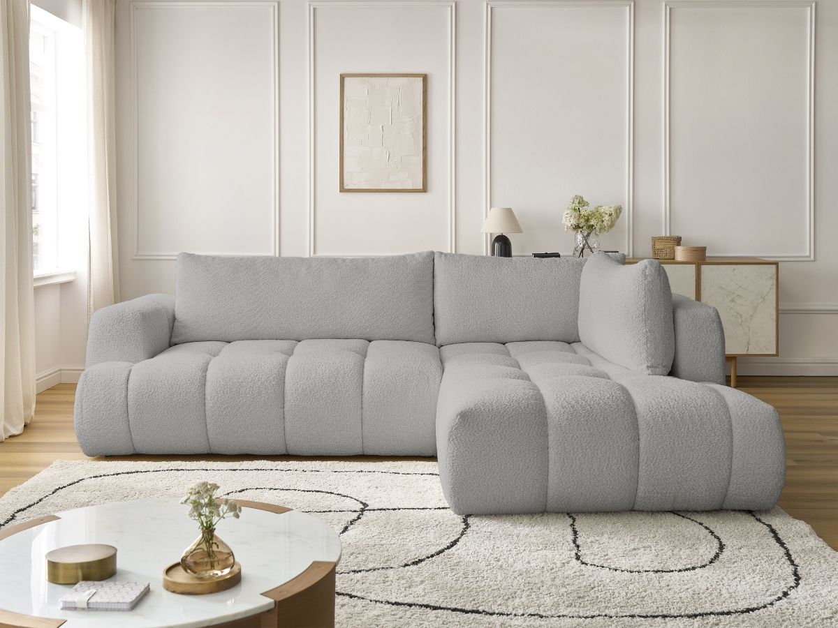Bobochic Fuji Ecksofa mit Schlaffunktion und Bettkasten 282 × 204 cm Bouclé-Stoff Hellgrau Ecke rechts