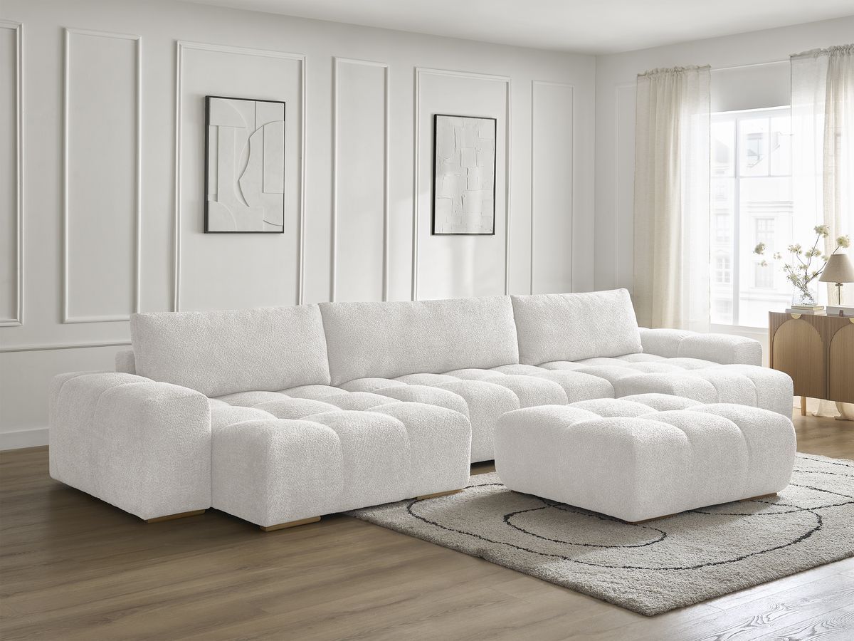 Bobochic Anakin Wohnlandschaft mit Pouf, Liegefläche 137 × 382 cm, 3 Kissen Bouclé-Stoff Weiß