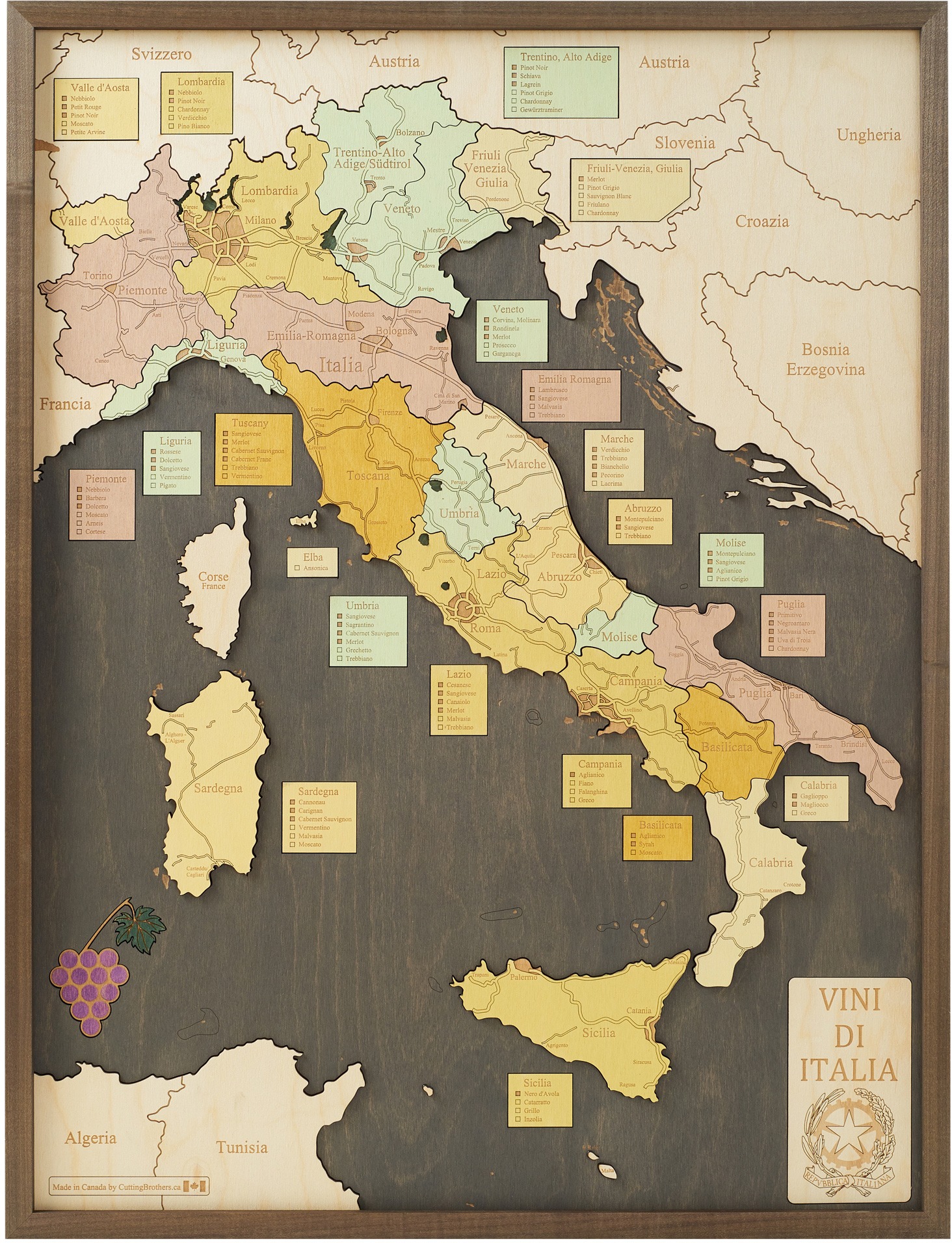 Cutting Brothers 3D Holz-Wandkarte Vini Di Italia Weinregionen 81x61 cm
