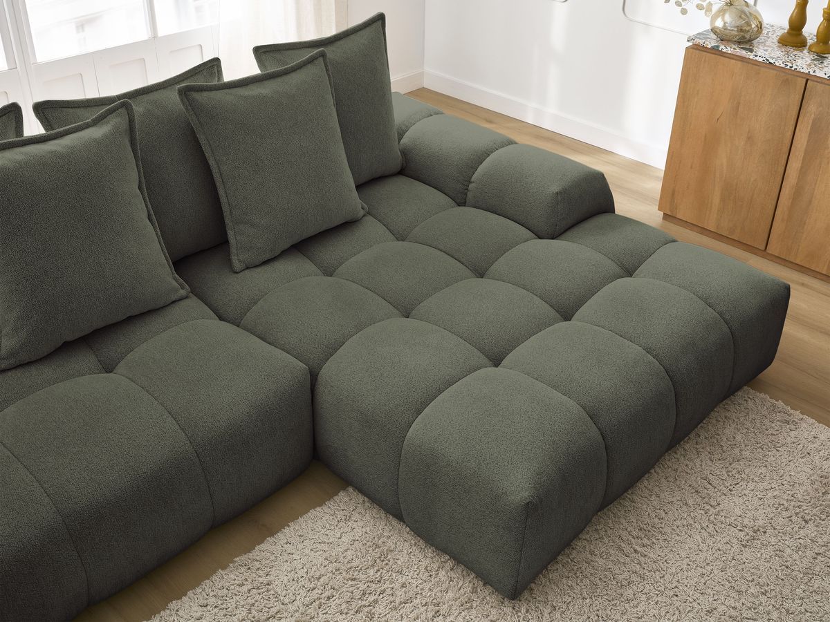 Bobochic Everest Ecksofa mit Schlaffunktion und Bettkasten 318 × 180 cm, 7 Kissen Melange-Stoff Grün Ecke rechts