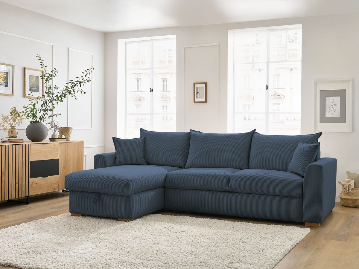Bobochic Augustin Ecksofa mit Schlaffunktion und Bettkasten Cordsamt Dunkelblau, Liegefläche 140 × 200 cm