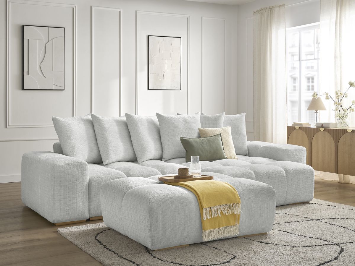 Bobochic Anakin Ecksofa mit Pouf, 6 Kissen Strukturstoff Hellgrau