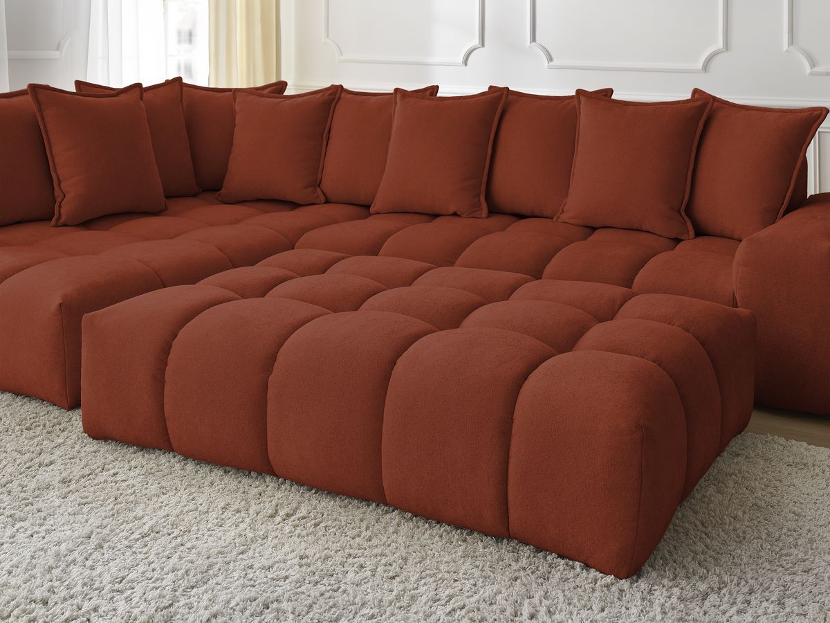 Bobochic Everest Ecksofa mit Schlaffunktion und Pouf, 10 Kissen Strukturstoff Orange Ecke links
