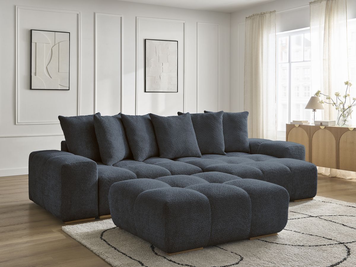 Bobochic Anakin Ecksofa mit Schlaffunktion und Bettkasten und Pouf, 6 Kissen Bouclé-Stoff Dunkelblau