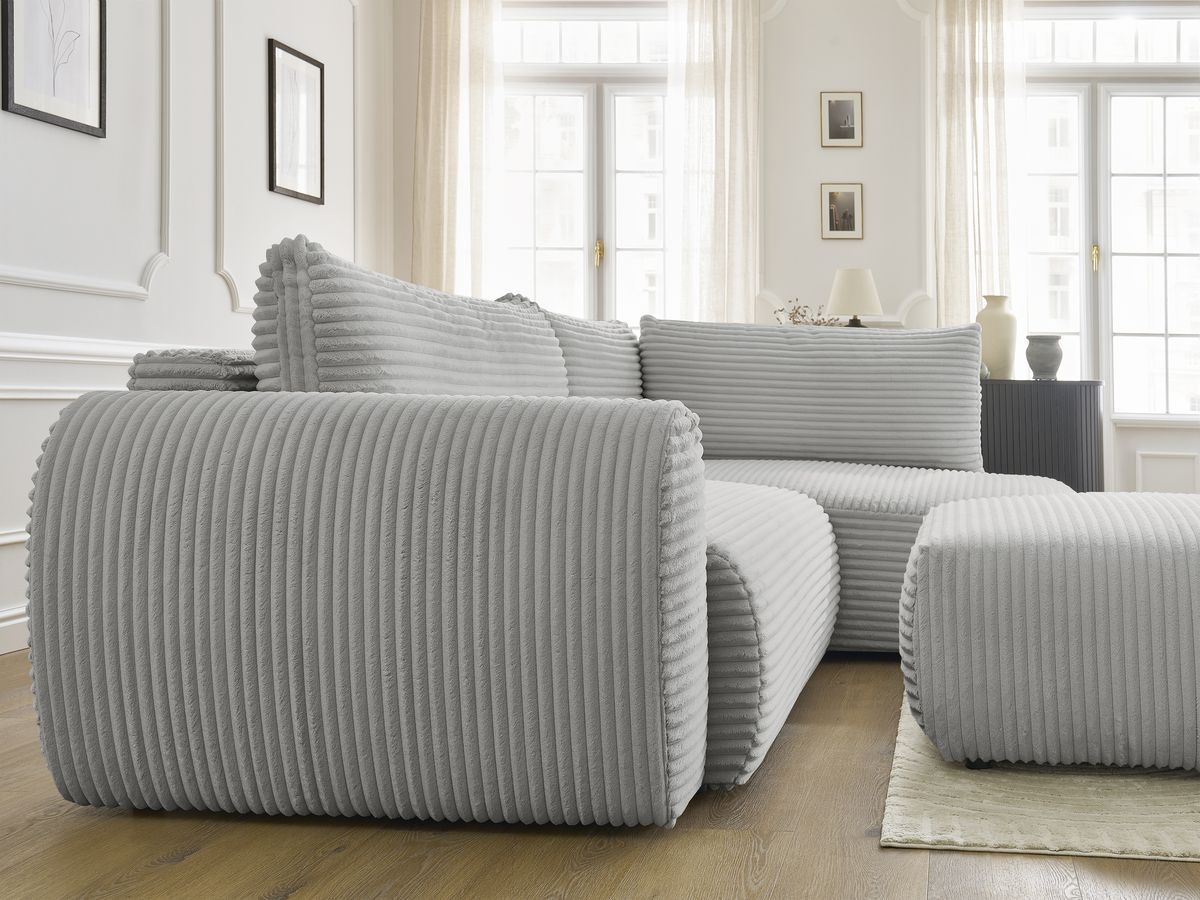 Bobochic Lucien Ecksofa mit Schlaffunktion und Bettkasten und Pouf 296 × 198 cm Breitcord weich Hellgrau Ecke rechts