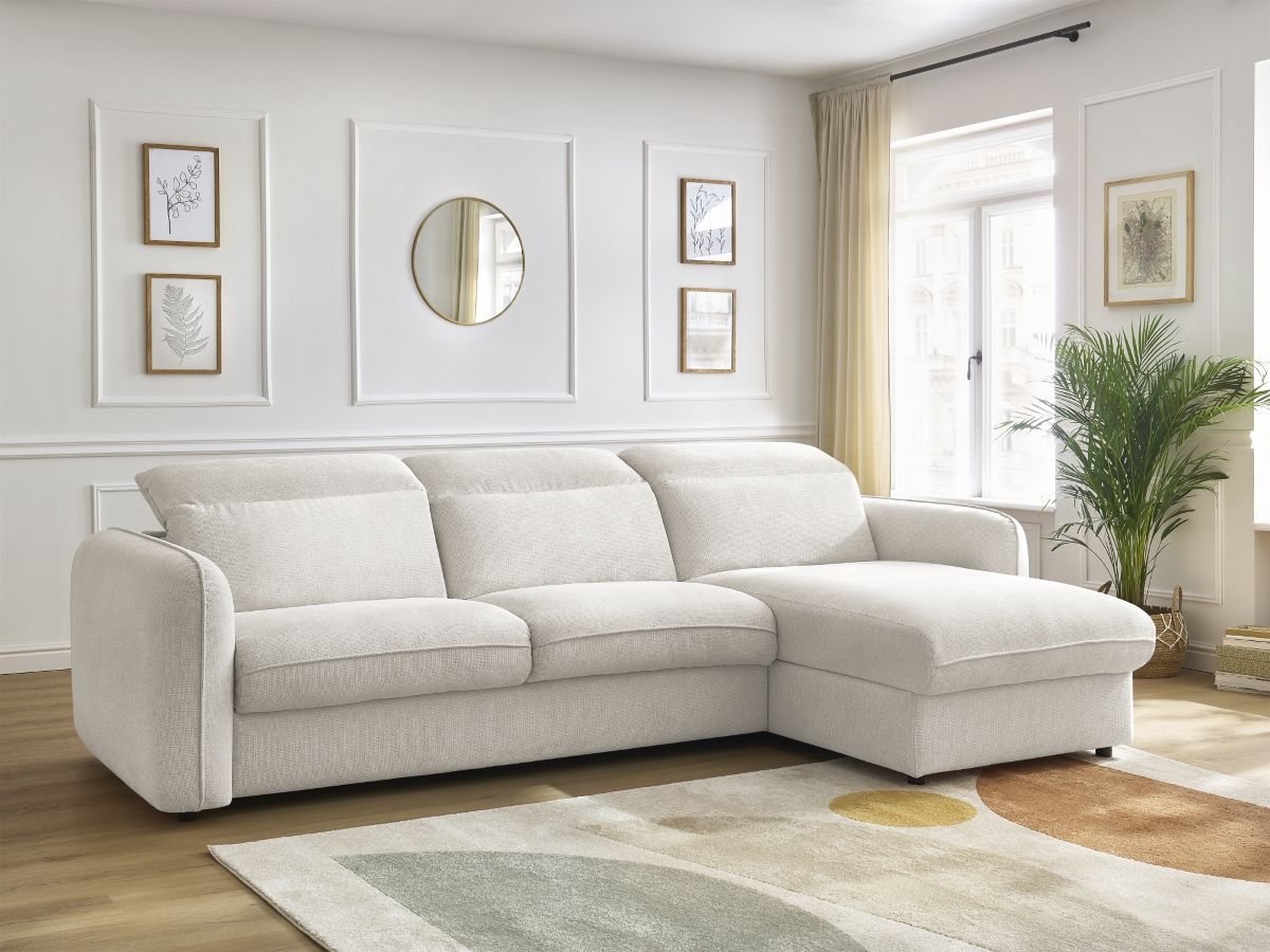 Bobochic Achille Ecksofa mit Schlaffunktion und Bettkasten Melange-Stoff Weiß, Liegefläche 140 × 200 cm