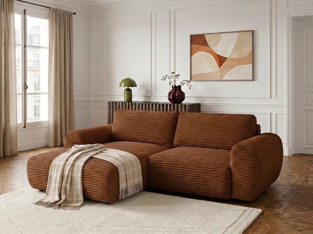 Bobochic Lucien Ecksofa mit Schlaffunktion und Bettkasten Breitcord weich Orange Ecke links