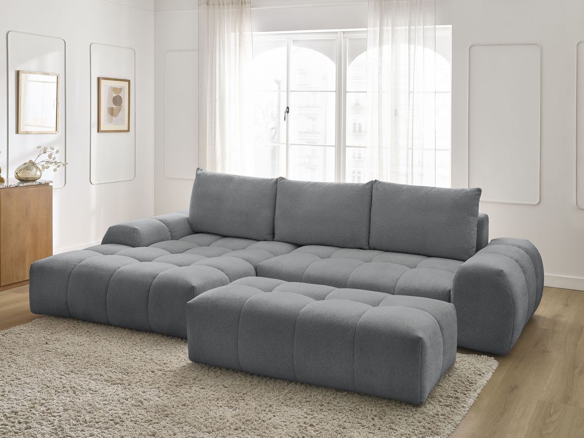 Bobochic Everest Ecksofa mit Schlaffunktion und Bettkasten und Pouf 318 × 180 cm, 3 Kissen Melange-Stoff Dunkelgrau Ecke links