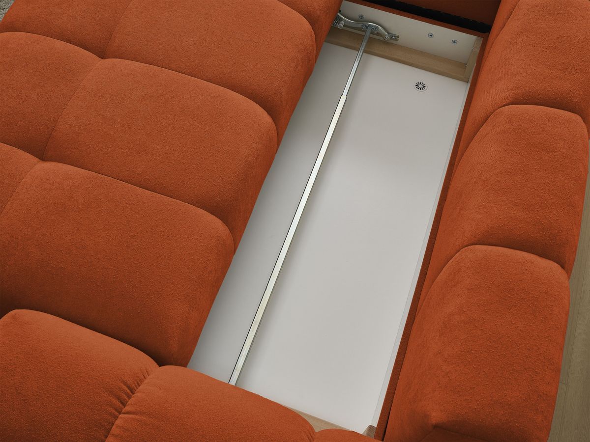 Bobochic Everest Ecksofa mit Schlaffunktion und Bettkasten 320 × 212 cm, 5 Kissen Strukturstoff Orange Ecke links