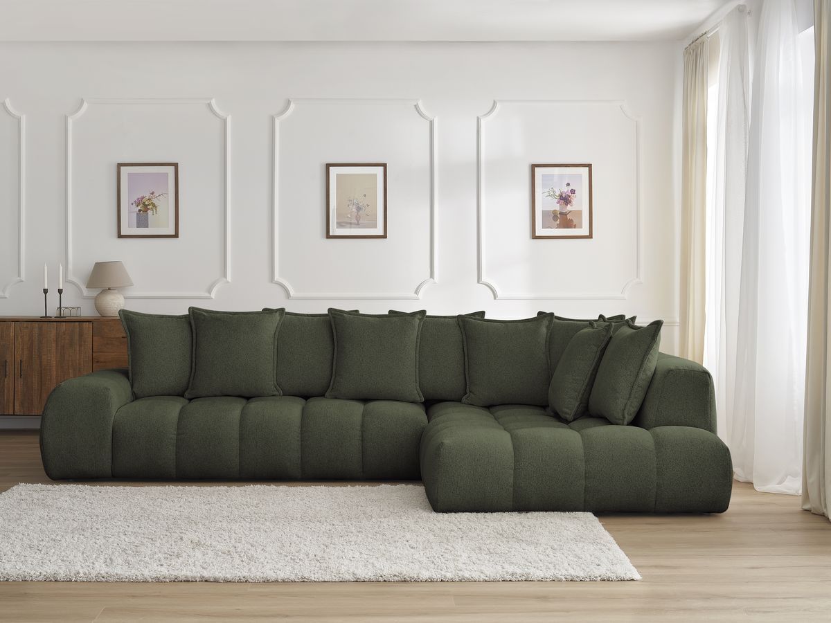 Bobochic Everest Ecksofa, 10 Kissen Melange-Stoff Grün Ecke rechts
