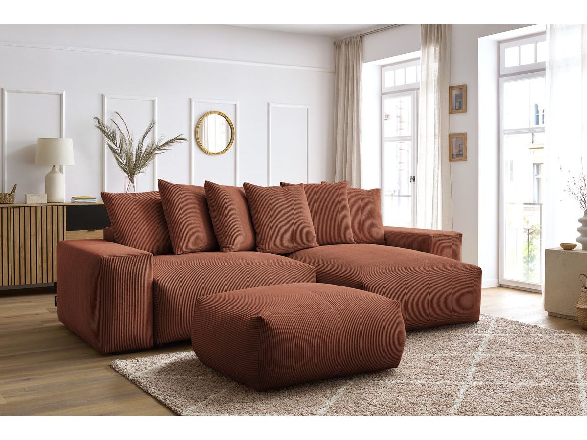 Bobochic Voltaire Ecksofa mit Schlaffunktion und Bettkasten und Pouf Cordsamt Orange