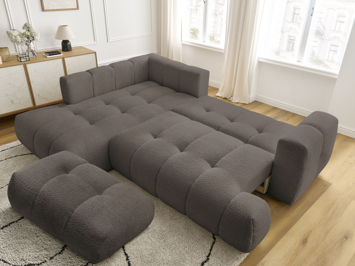 Bobochic Fuji Ecksofa mit Schlaffunktion und Bettkasten und Pouf 282 × 204 cm Bouclé-Stoff Braun Ecke links