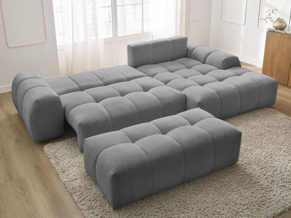 Bobochic Everest Ecksofa mit Schlaffunktion und Bettkasten und Pouf 318 × 180 cm, 7 Kissen Melange-Stoff Dunkelgrau Ecke rechts