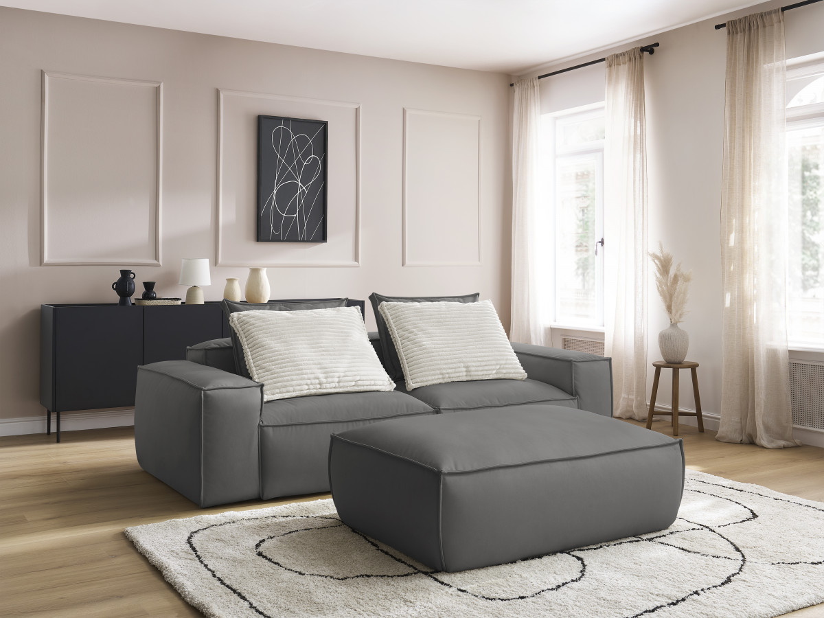 Bobochic Boheme Sofa 4-Sitzer mit Pouf Kunstleder Dunkelgrau