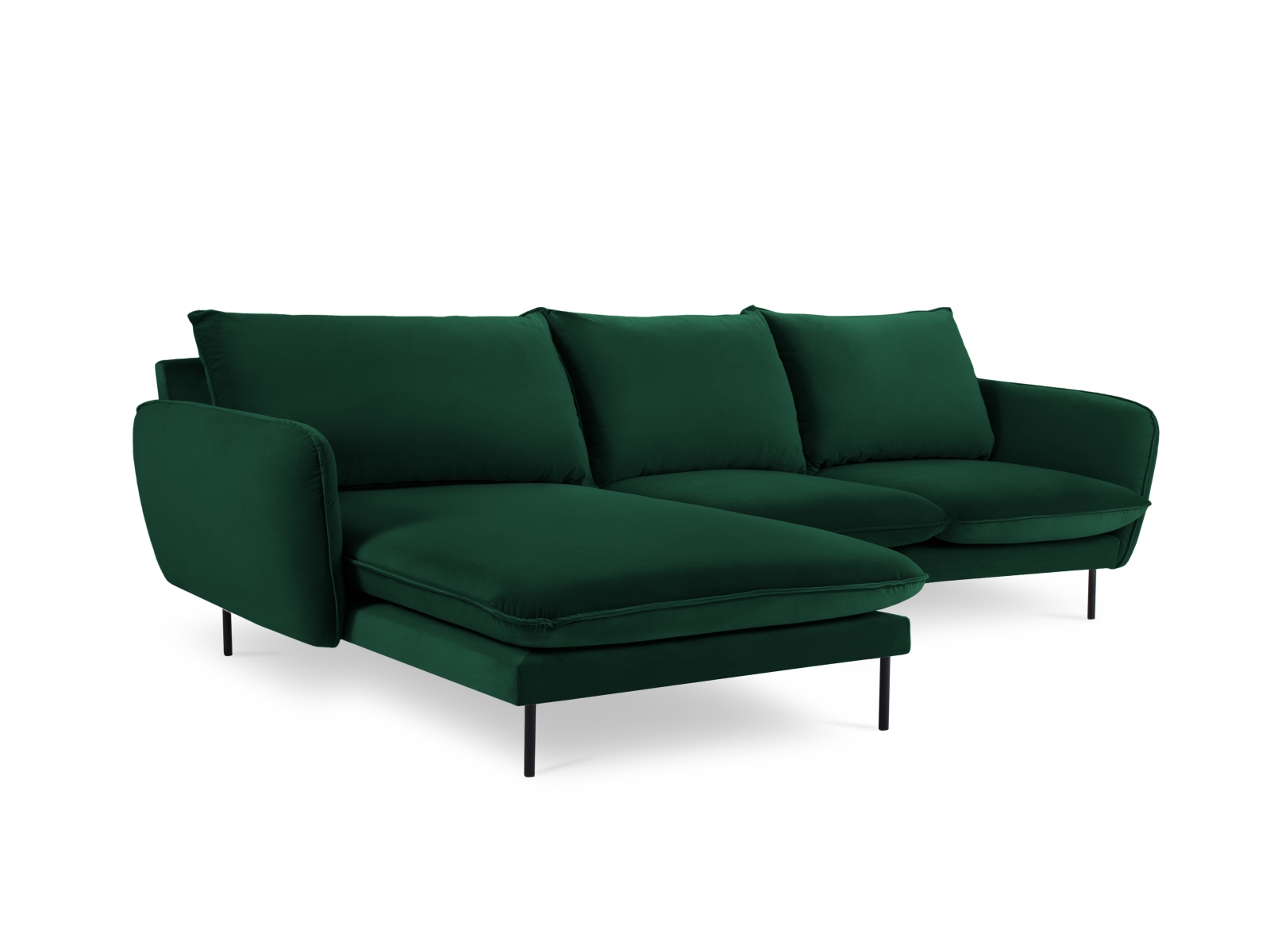 Cosmopolitan Design Ecksofa Vienna 5-Sitzer Samt Bluvel Flaschengrün Links Beine Schwarzes Metall