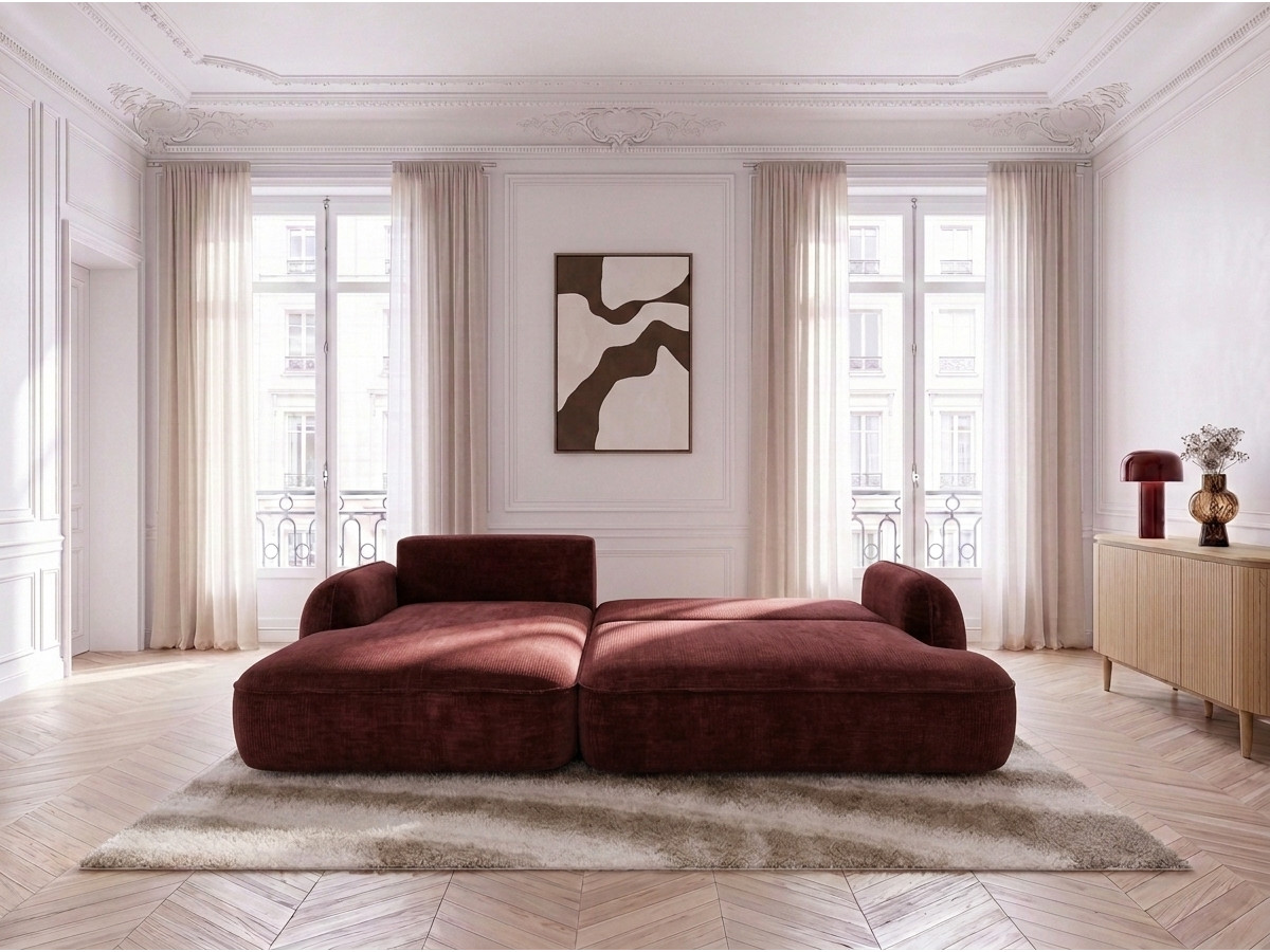 Bobochic Celeste Ecksofa mit Schlaffunktion und Bettkasten Stoff Rot Ecke links