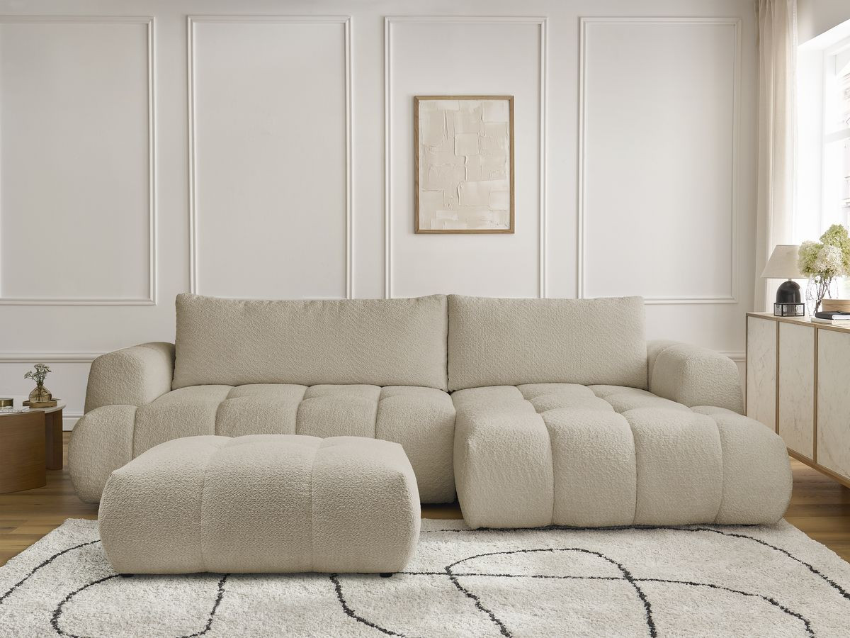 Bobochic Fuji Ecksofa mit Schlaffunktion und Bettkasten und Pouf 292 × 160 cm Bouclé-Stoff Beige Ecke rechts