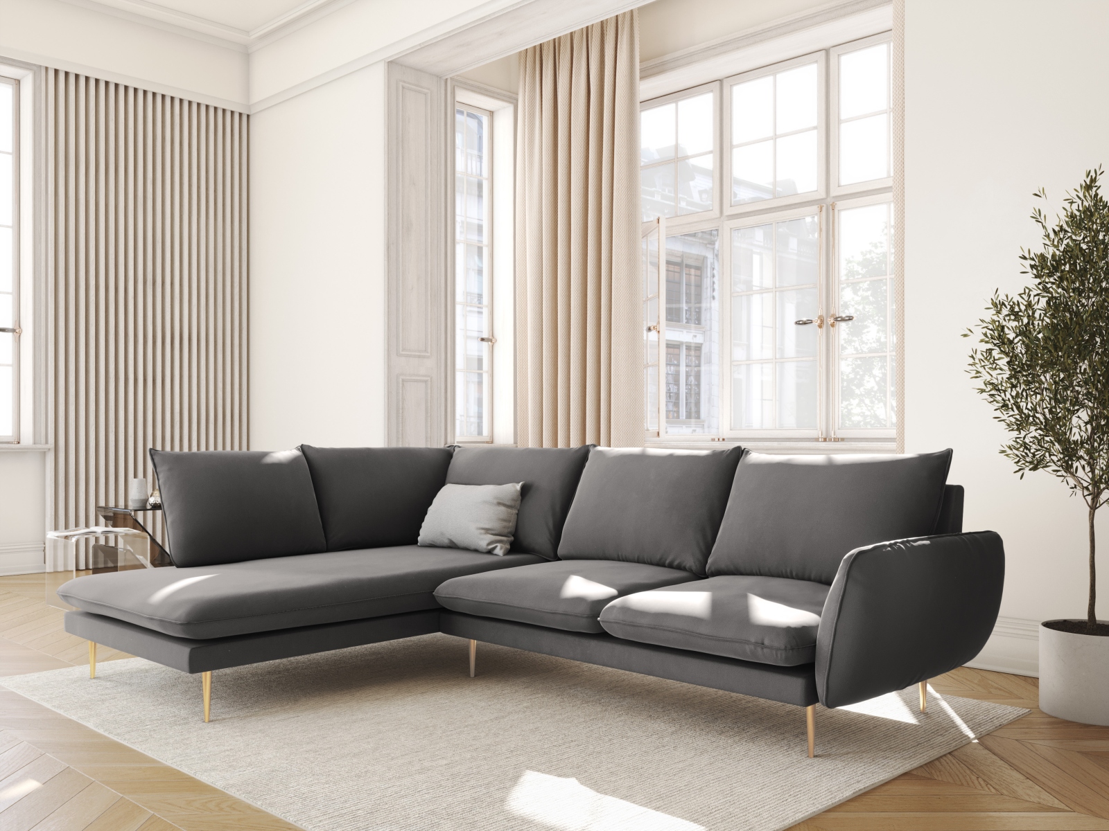 Cosmopolitan Design Ecksofa Vienna 6-Sitzer Samt Bluvel Hellgrau Links Beine Gold