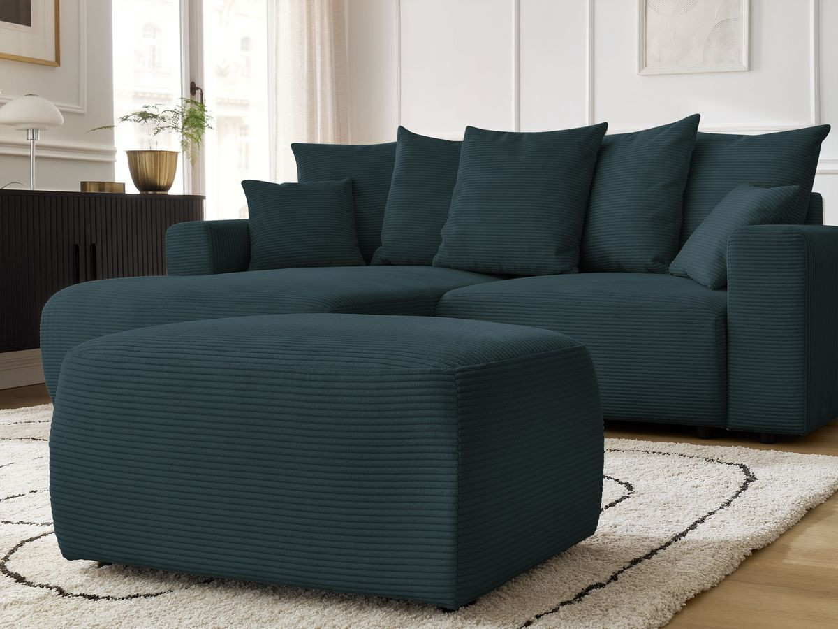Bobochic Atilla Ecksofa mit Schlaffunktion und Bettkasten und Pouf Cordsamt Dunkelblau Ecke links