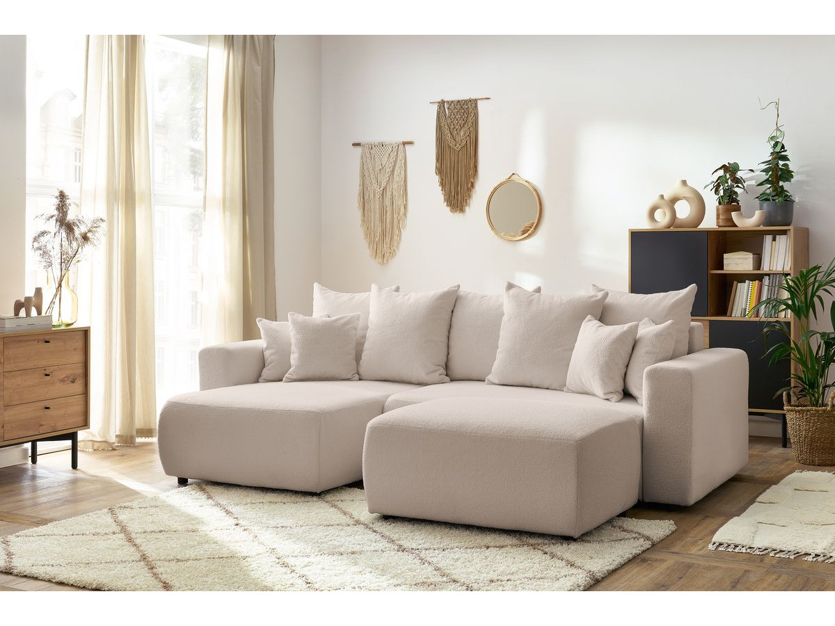 Bobochic Envy Ecksofa mit Schlaffunktion und Bettkasten und rechteckigem Pouf Bouclé-Stoff Beige