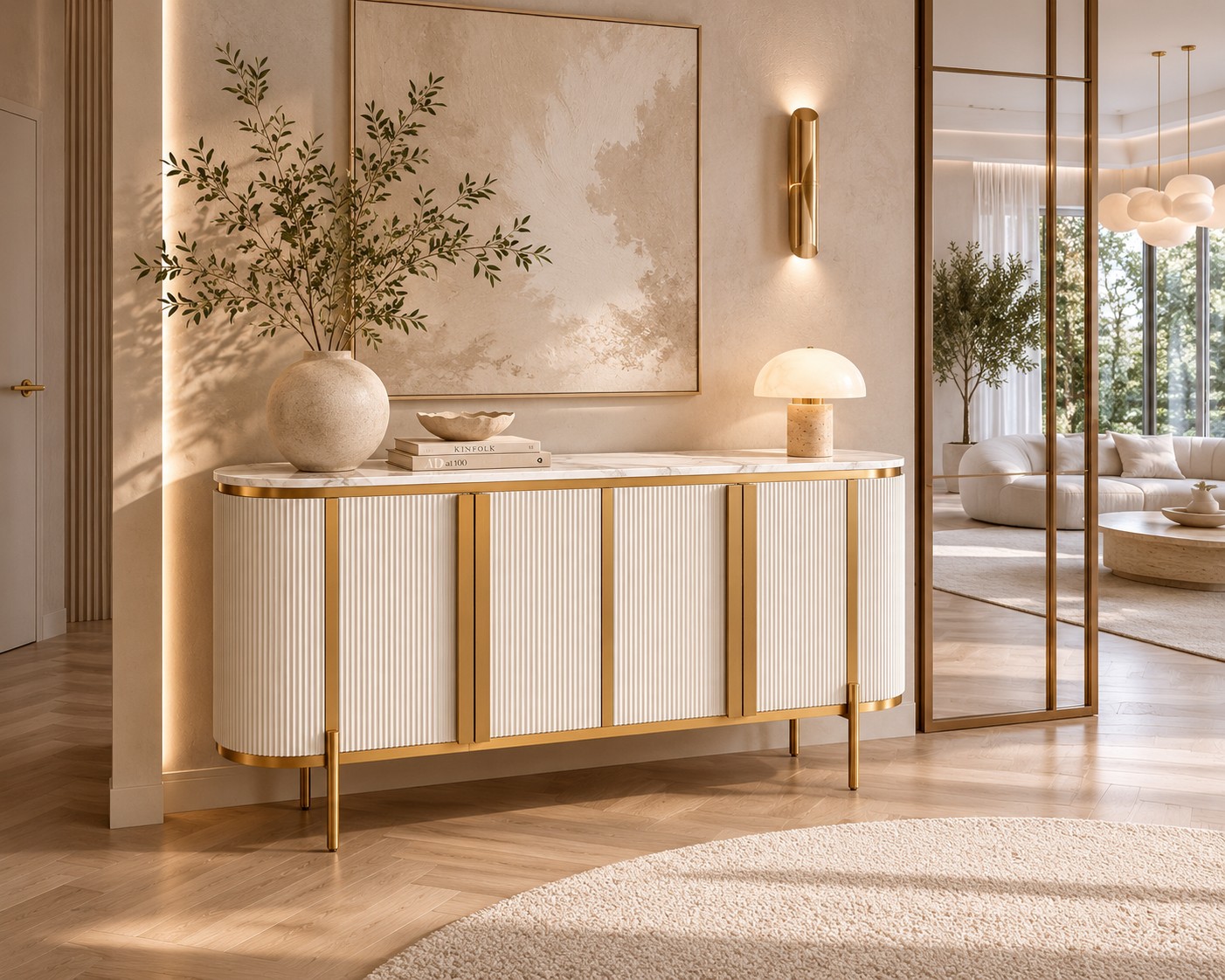 Livin Hill Sideboard Stilig Riffelfront 160 cm Ecru-Weiß, Platte Weiß