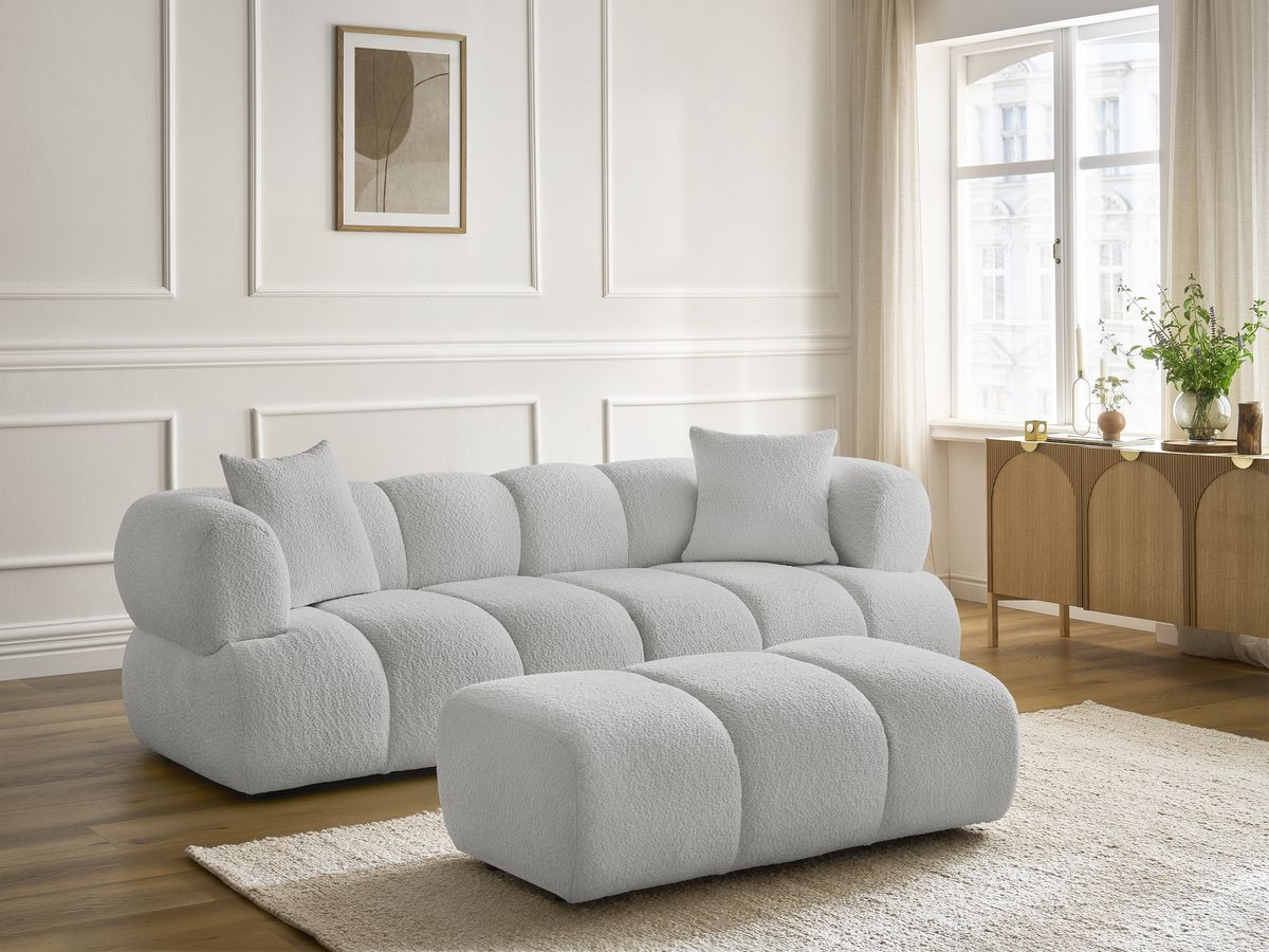 Bobochic Pamira Sofa 3-Sitzer mit Pouf Bouclé-Stoff Hellgrau
