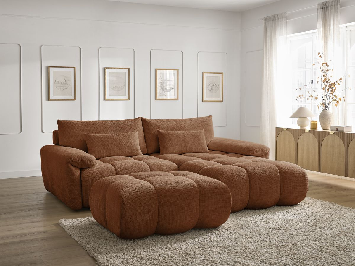 Bobochic Ivane Ecksofa mit Pouf Strukturstoff Orange Ecke rechts