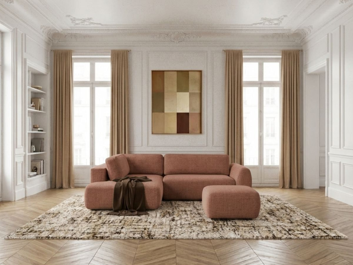 Bobochic Denise Ecksofa mit Schlaffunktion und Bettkasten und Pouf 256 × 197 cm Strukturstoff Orange Ecke links