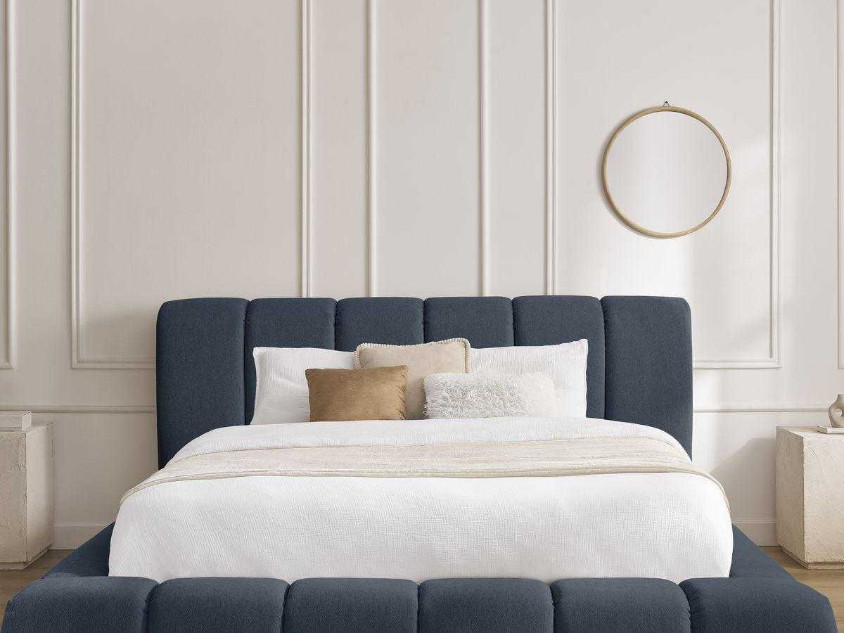 Bobochic Denali Polsterbett mit Bettkasten Stoff Dunkelblau, Liegefläche 140 × 190 cm