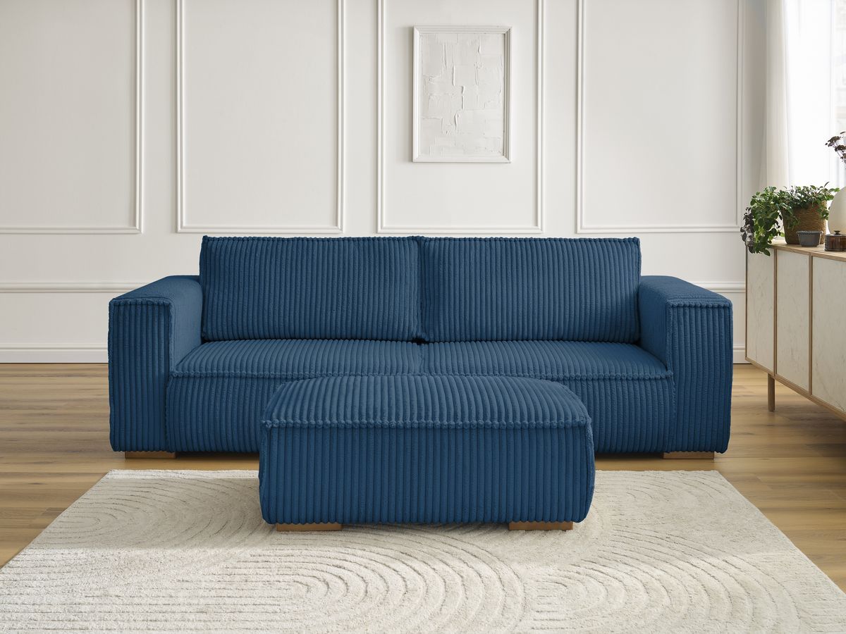 Bobochic Chelsea Sofa 4-Sitzer mit Pouf Breitcord weich Dunkelblau