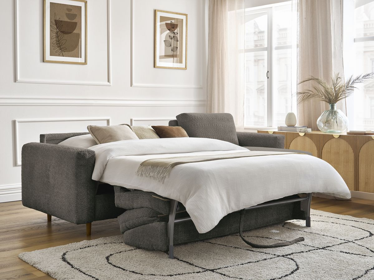 Bobochic Cocoone Ecksofa mit Schlaffunktion und Bettkasten Bouclé-Stoff Braun, Liegefläche 140 × 200 cm