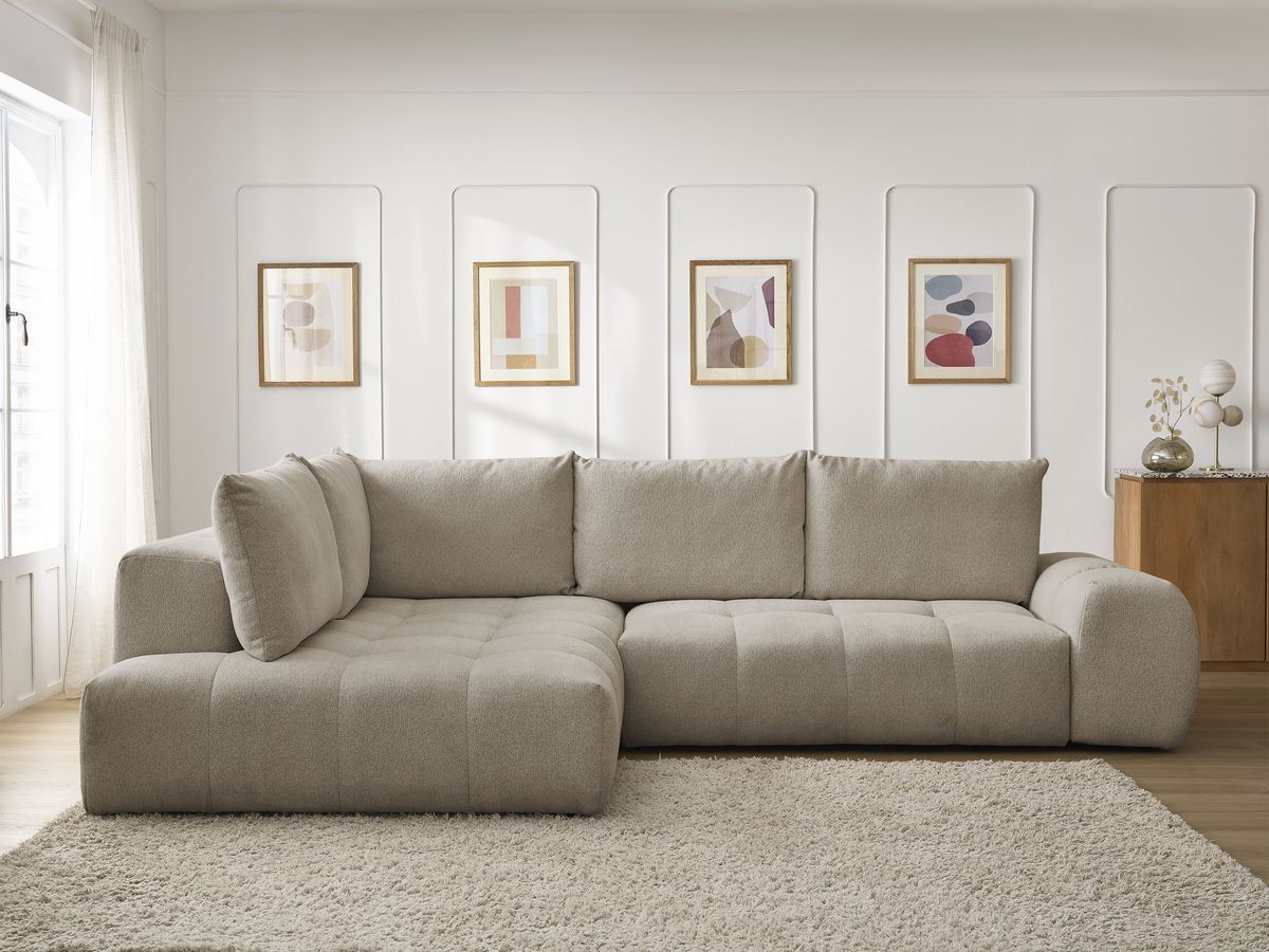 Bobochic Everest Ecksofa mit Schlaffunktion und Bettkasten 320 × 212 cm, 5 Kissen Melange-Stoff Taupe Ecke links