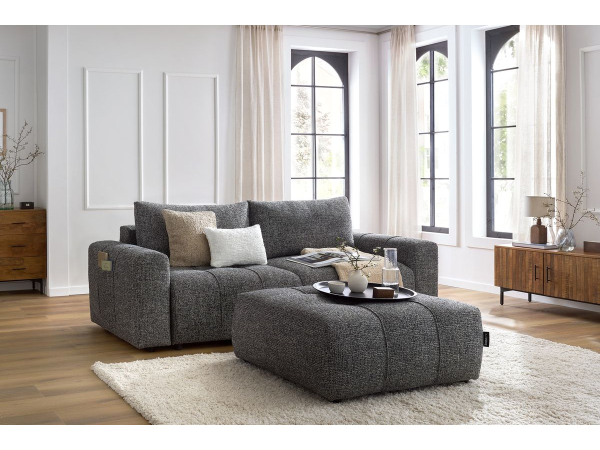 Bobochic Arsene Schlafsofa 4-Sitzer mit Bettkasten und Pouf Melange-Stoff Dunkelgrau