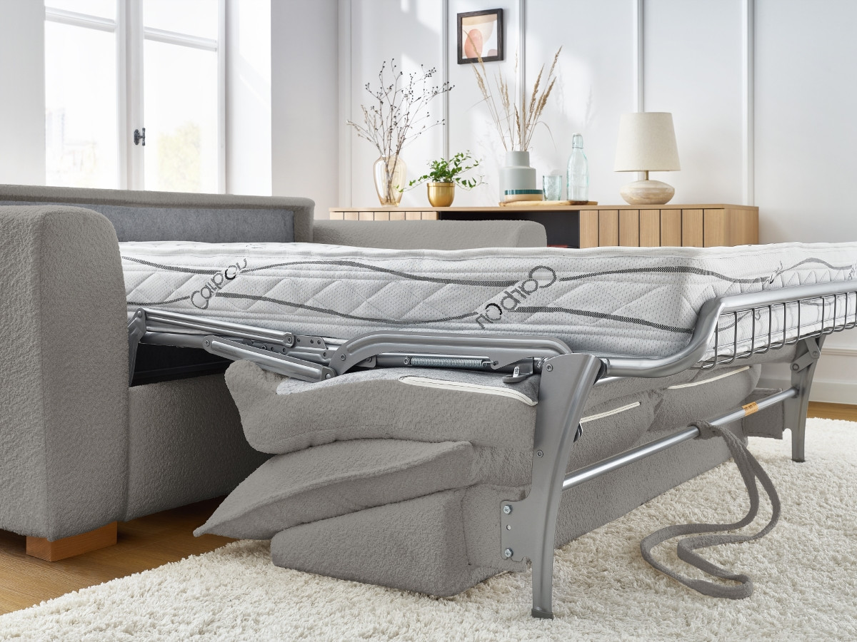 Bobochic Augustin Schlafsofa 3-Sitzer Bouclé-Stoff Hellgrau, Liegefläche 160 × 200 cm